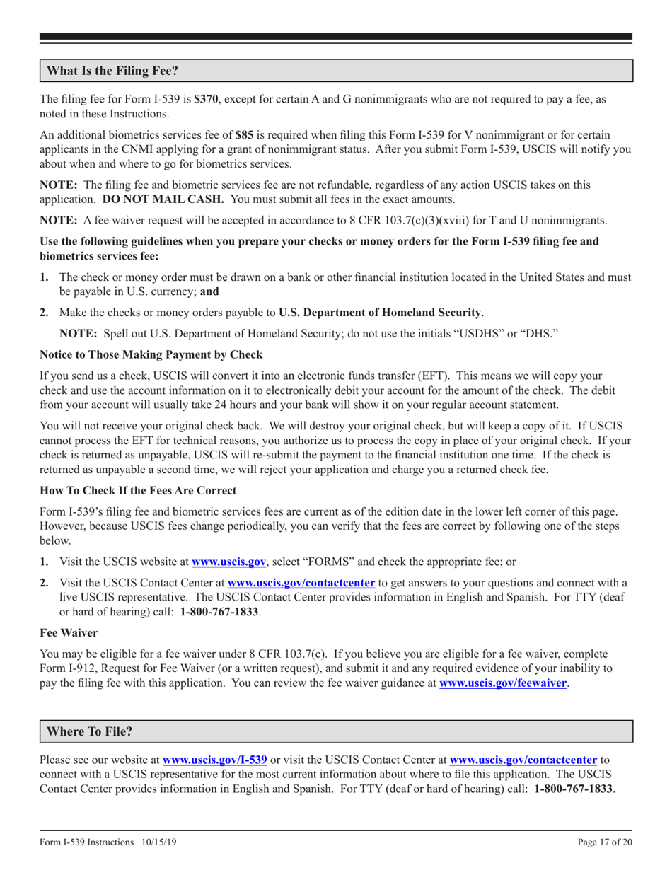 Instructions for USCIS Form I-539 Application to Extend / Change Nonimmigrant Status, Page 17