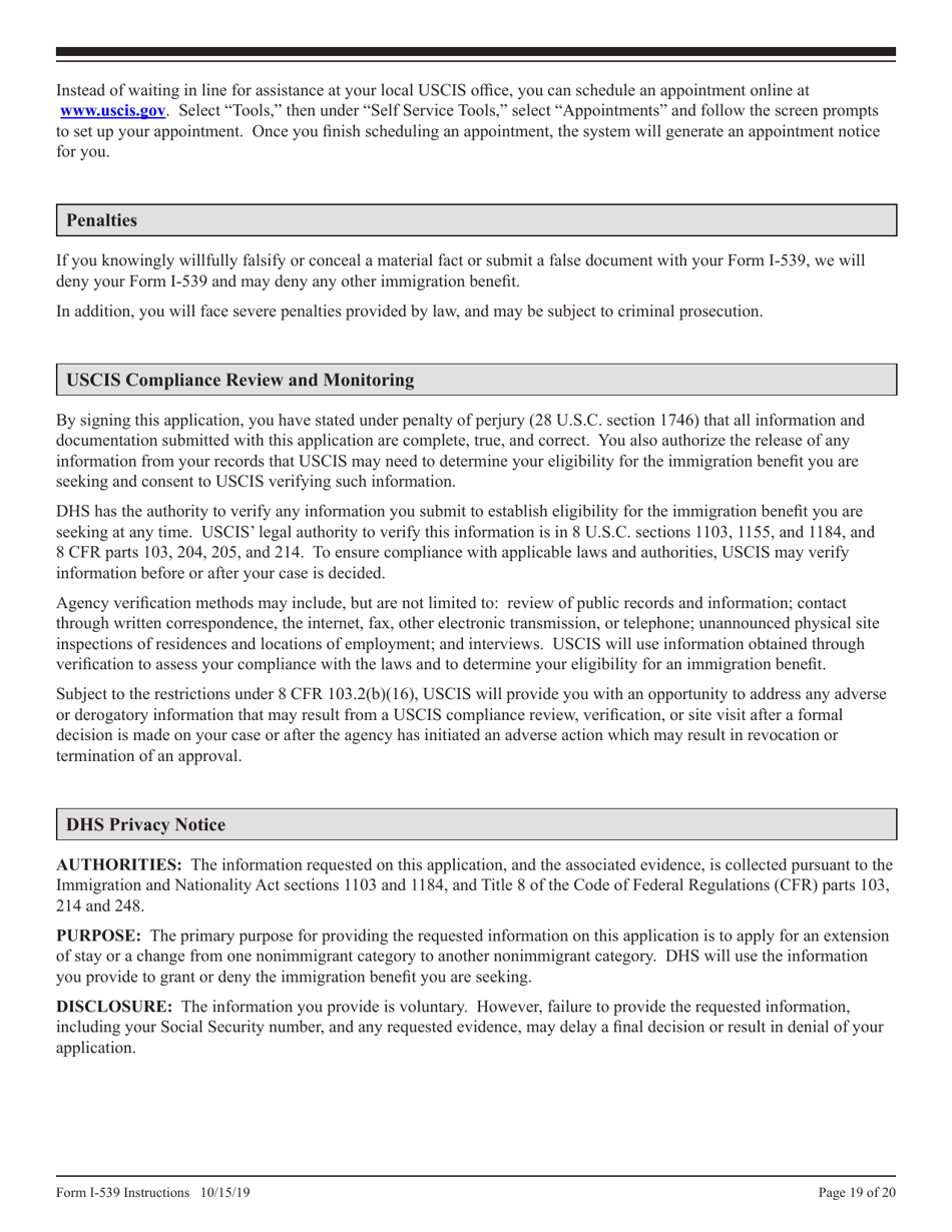 Instructions for USCIS Form I-539 Application to Extend / Change Nonimmigrant Status, Page 19