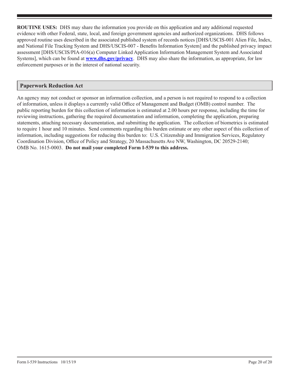 Instructions for USCIS Form I-539 Application to Extend / Change Nonimmigrant Status, Page 20