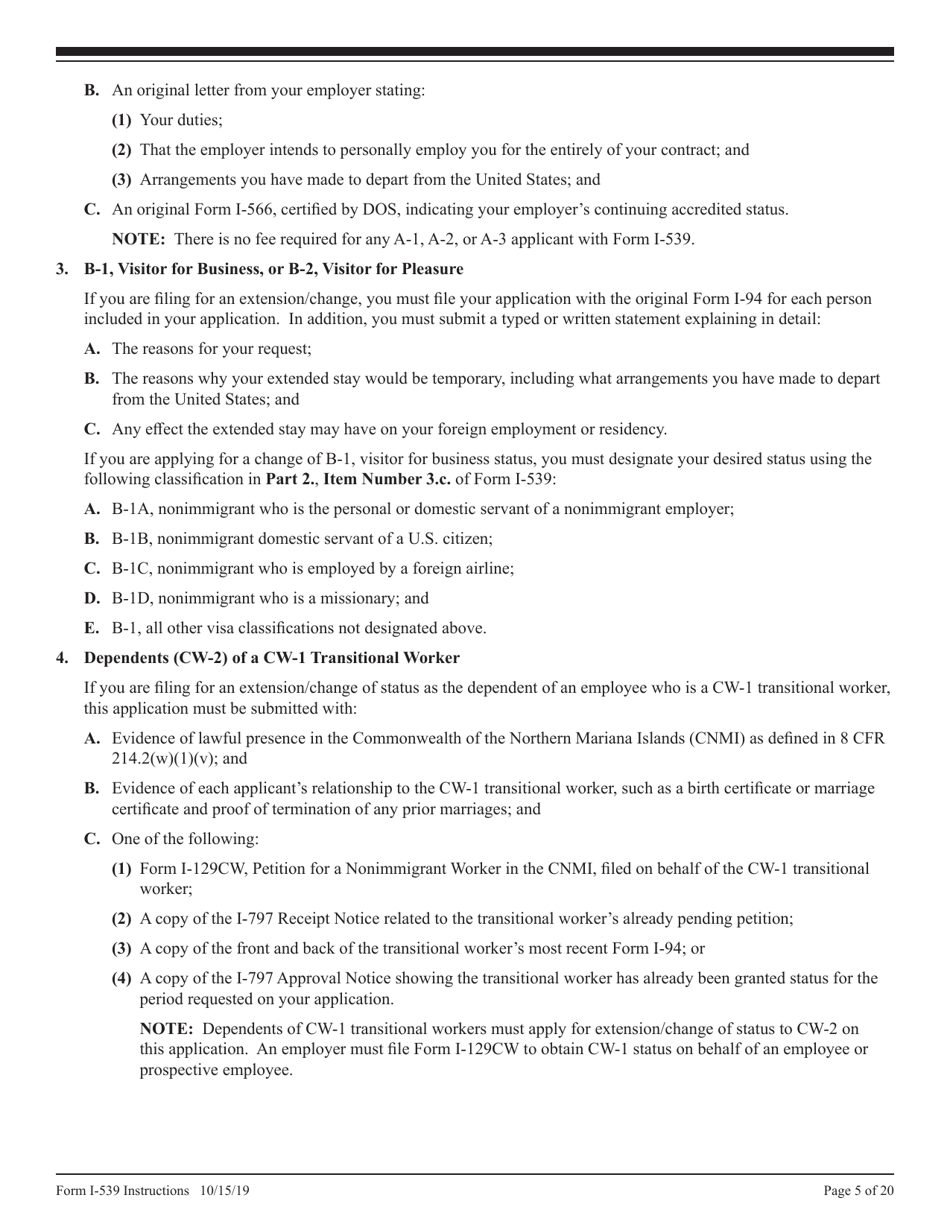 Instructions for USCIS Form I-539 Application to Extend / Change Nonimmigrant Status, Page 5