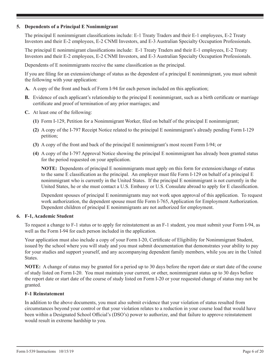 Instructions for USCIS Form I-539 Application to Extend / Change Nonimmigrant Status, Page 6