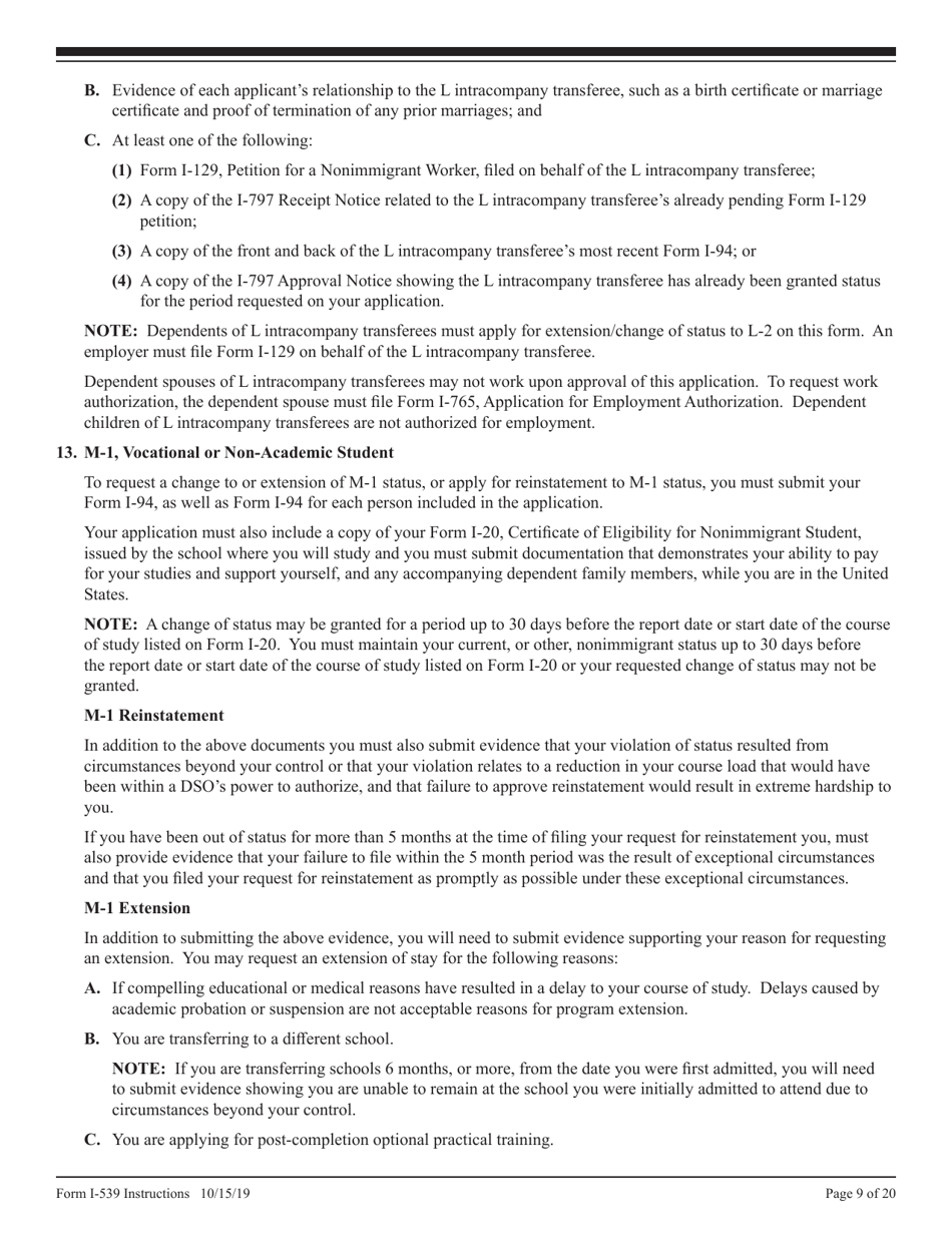 Instructions for USCIS Form I-539 Application to Extend / Change Nonimmigrant Status, Page 9