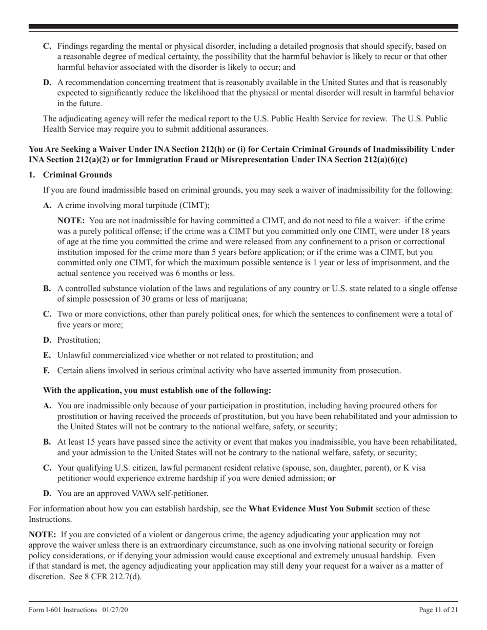 Instructions for USCIS Form I-601 Application for Waiver of Grounds of Inadmissibility, Page 11