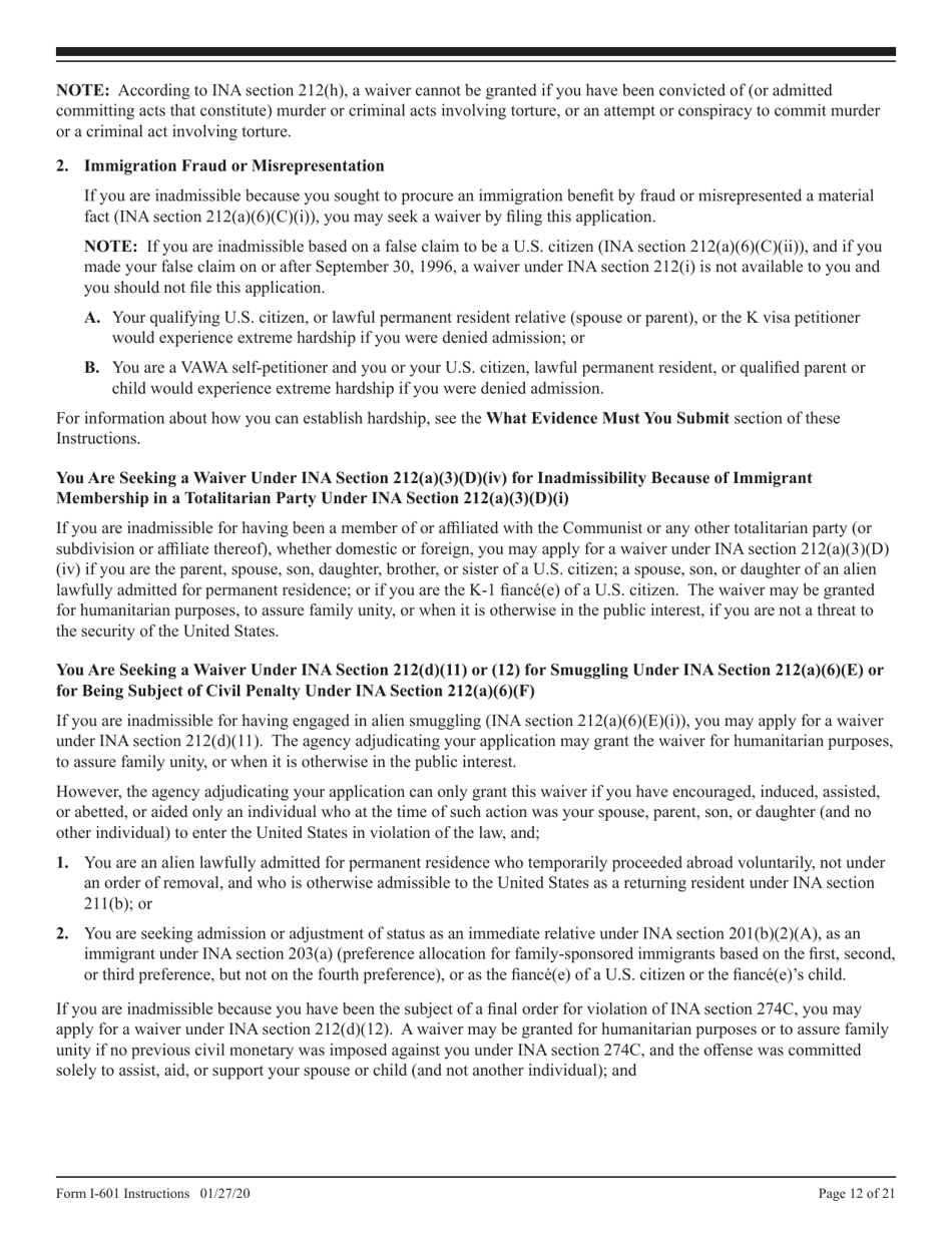 Instructions for USCIS Form I-601 Application for Waiver of Grounds of Inadmissibility, Page 12