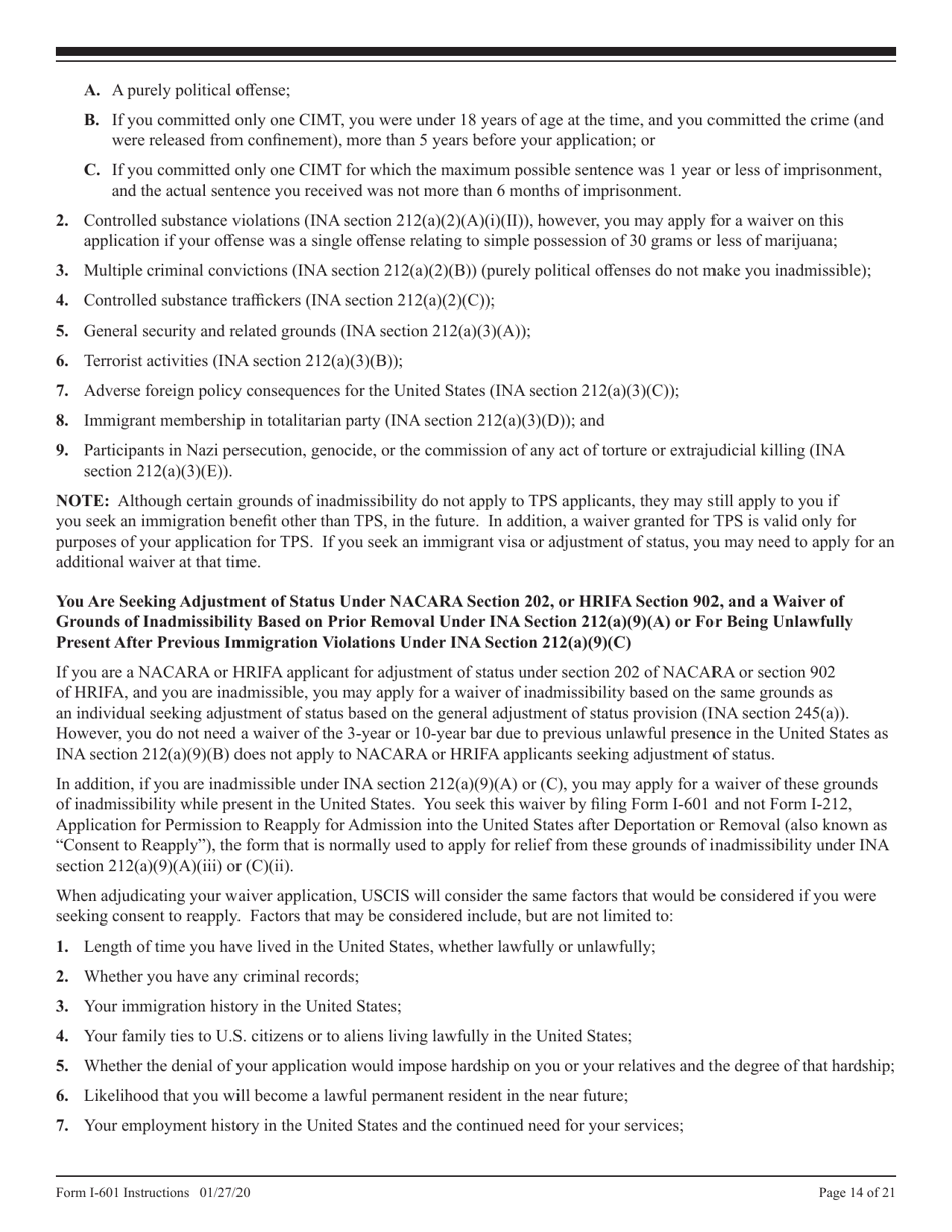 Instructions for USCIS Form I-601 Application for Waiver of Grounds of Inadmissibility, Page 14