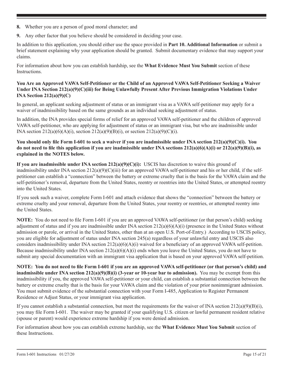 Instructions for USCIS Form I-601 Application for Waiver of Grounds of Inadmissibility, Page 15