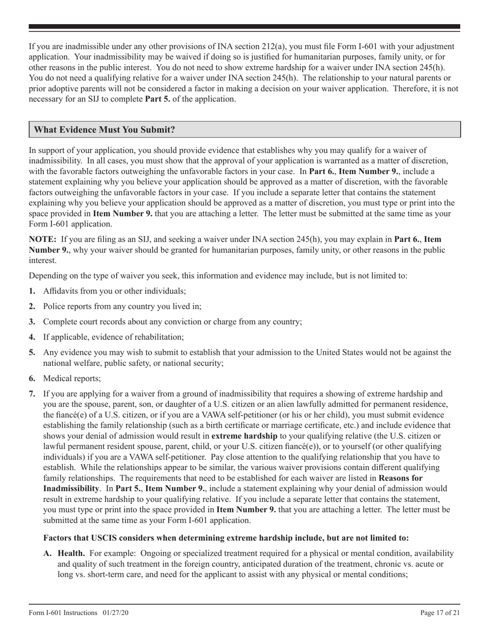 Instructions for USCIS Form I-601 Application for Waiver of Grounds of Inadmissibility, Page 17