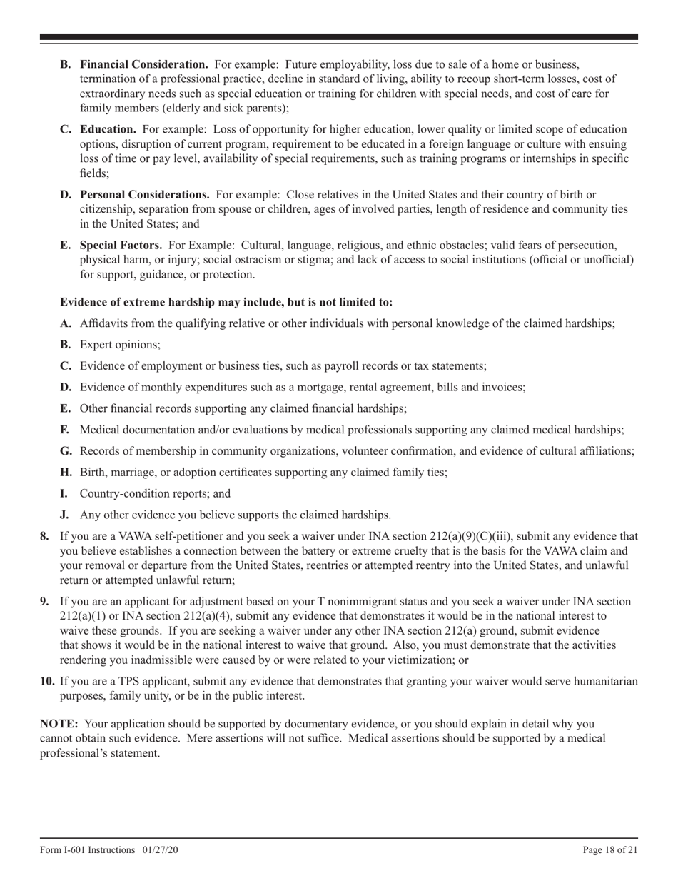 Instructions for USCIS Form I-601 Application for Waiver of Grounds of Inadmissibility, Page 18