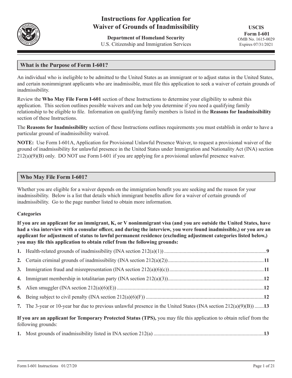 Instructions for USCIS Form I-601 Application for Waiver of Grounds of Inadmissibility, Page 1