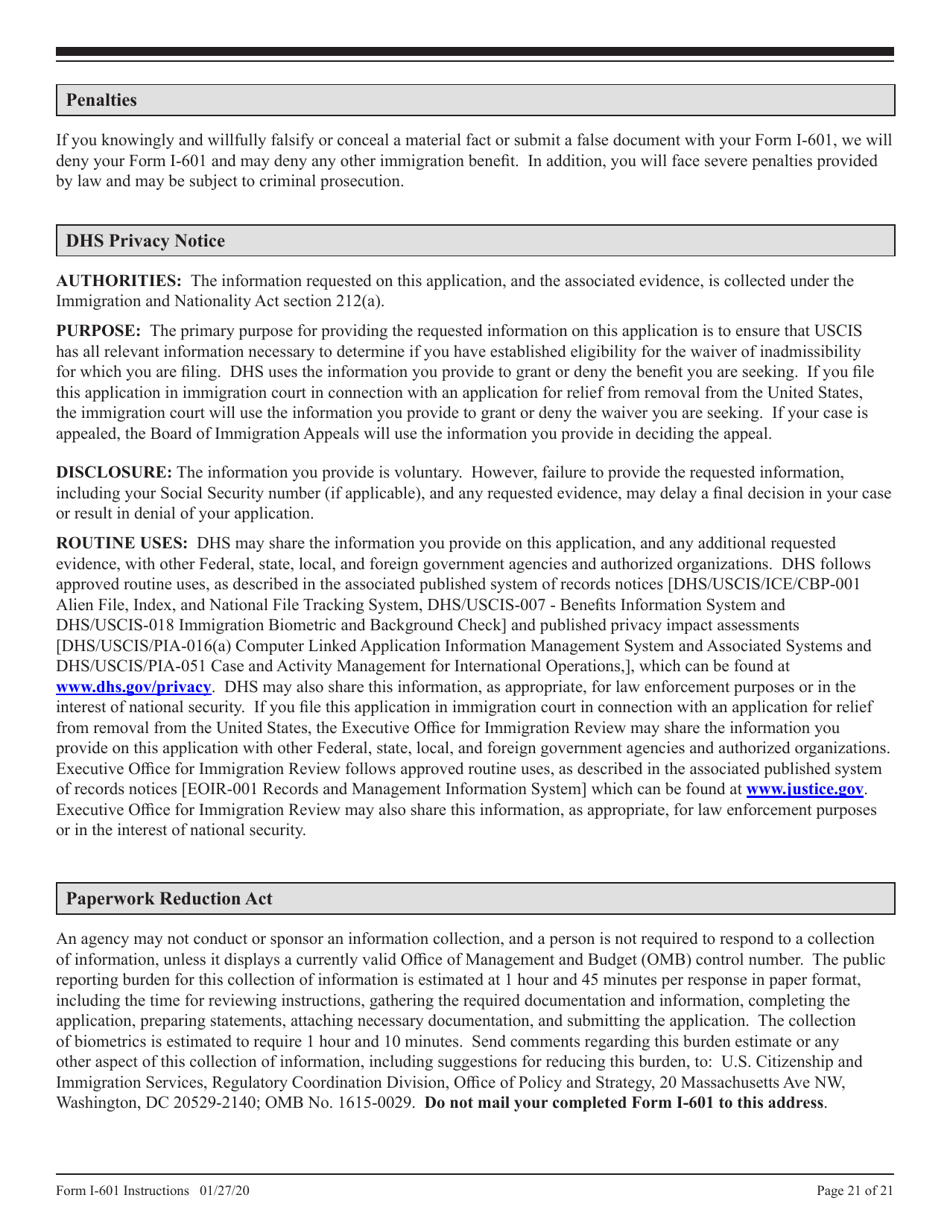 Instructions for USCIS Form I-601 Application for Waiver of Grounds of Inadmissibility, Page 21