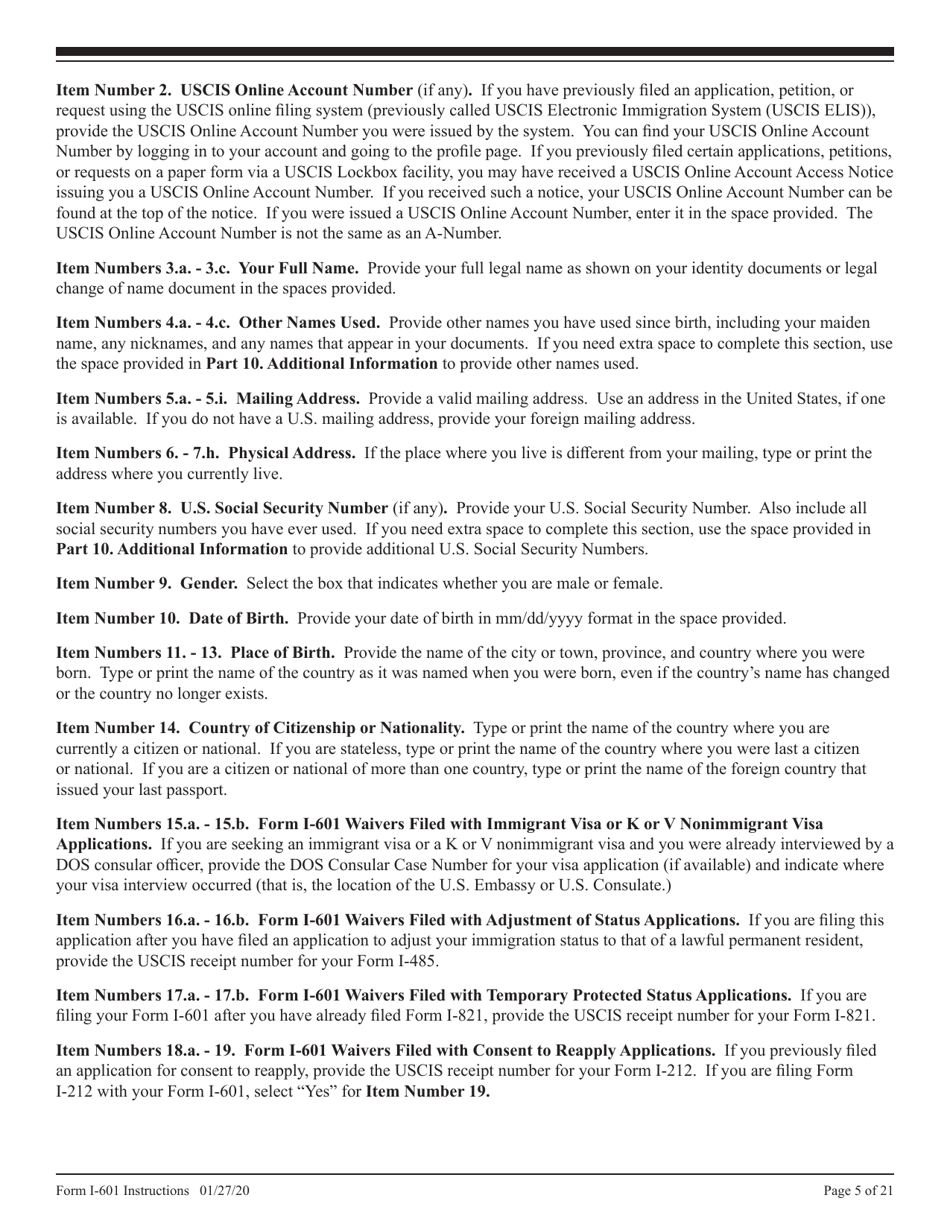 Instructions for USCIS Form I-601 Application for Waiver of Grounds of Inadmissibility, Page 5