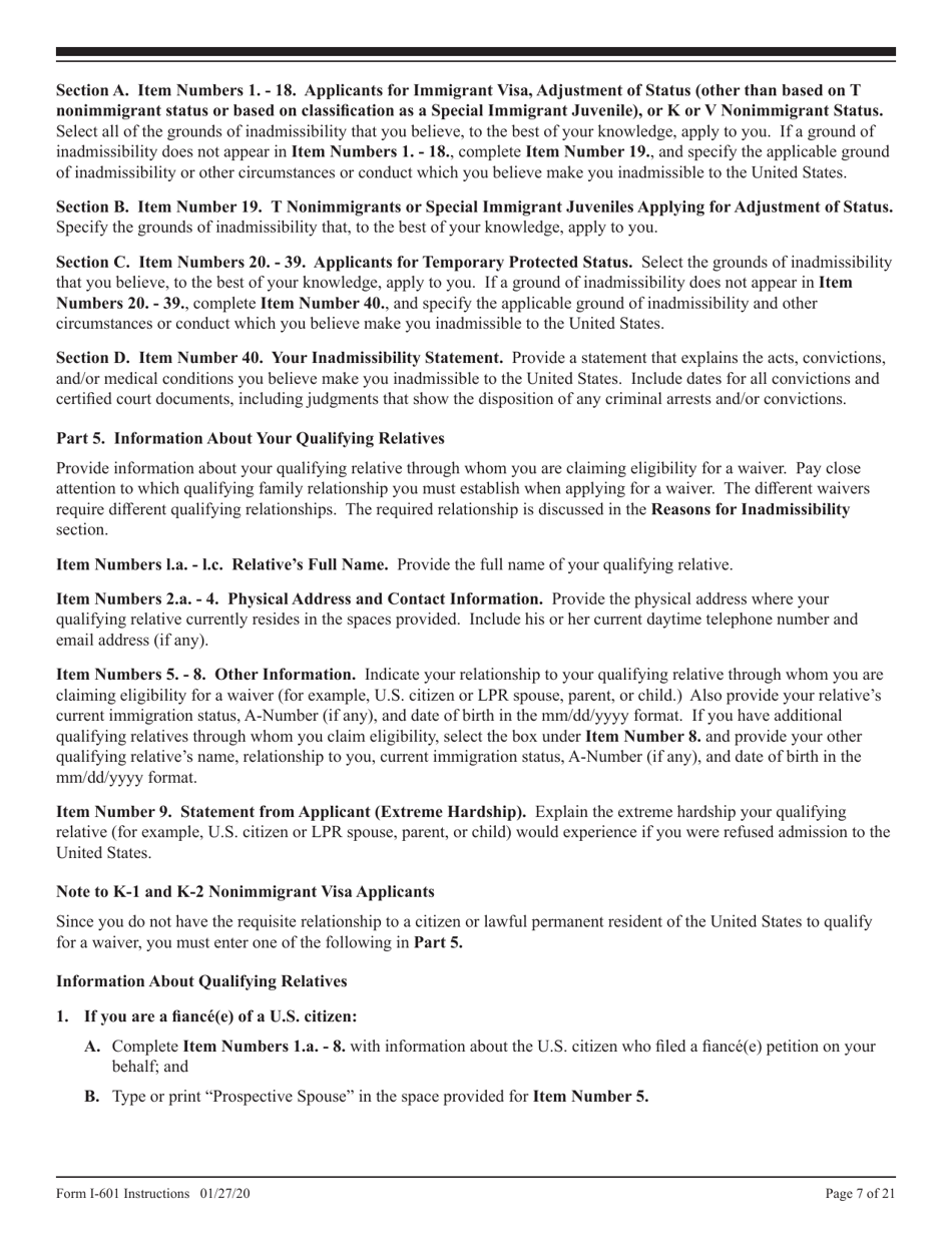 Instructions for USCIS Form I-601 Application for Waiver of Grounds of Inadmissibility, Page 7