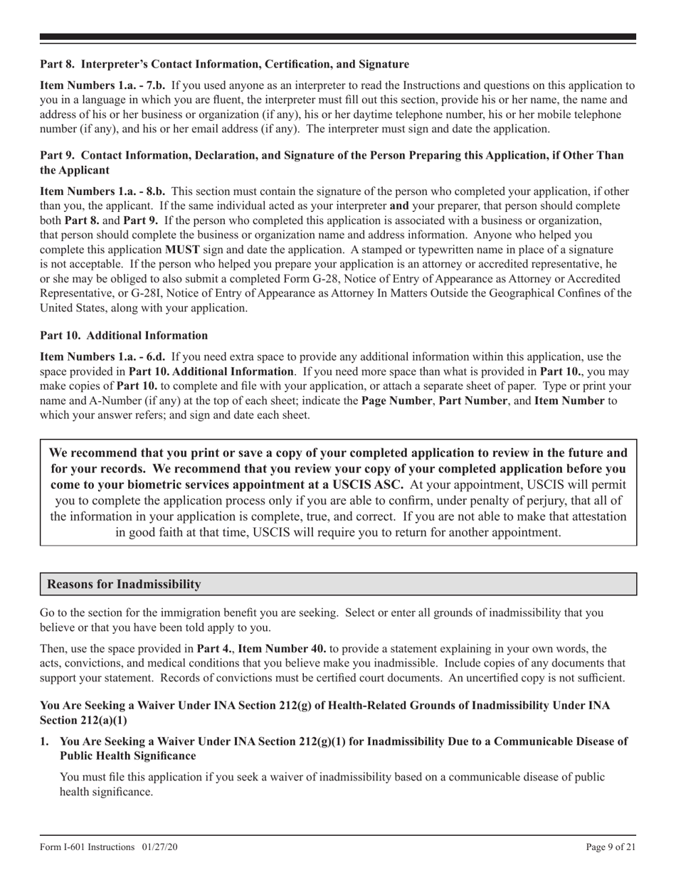 Instructions for USCIS Form I-601 Application for Waiver of Grounds of Inadmissibility, Page 9