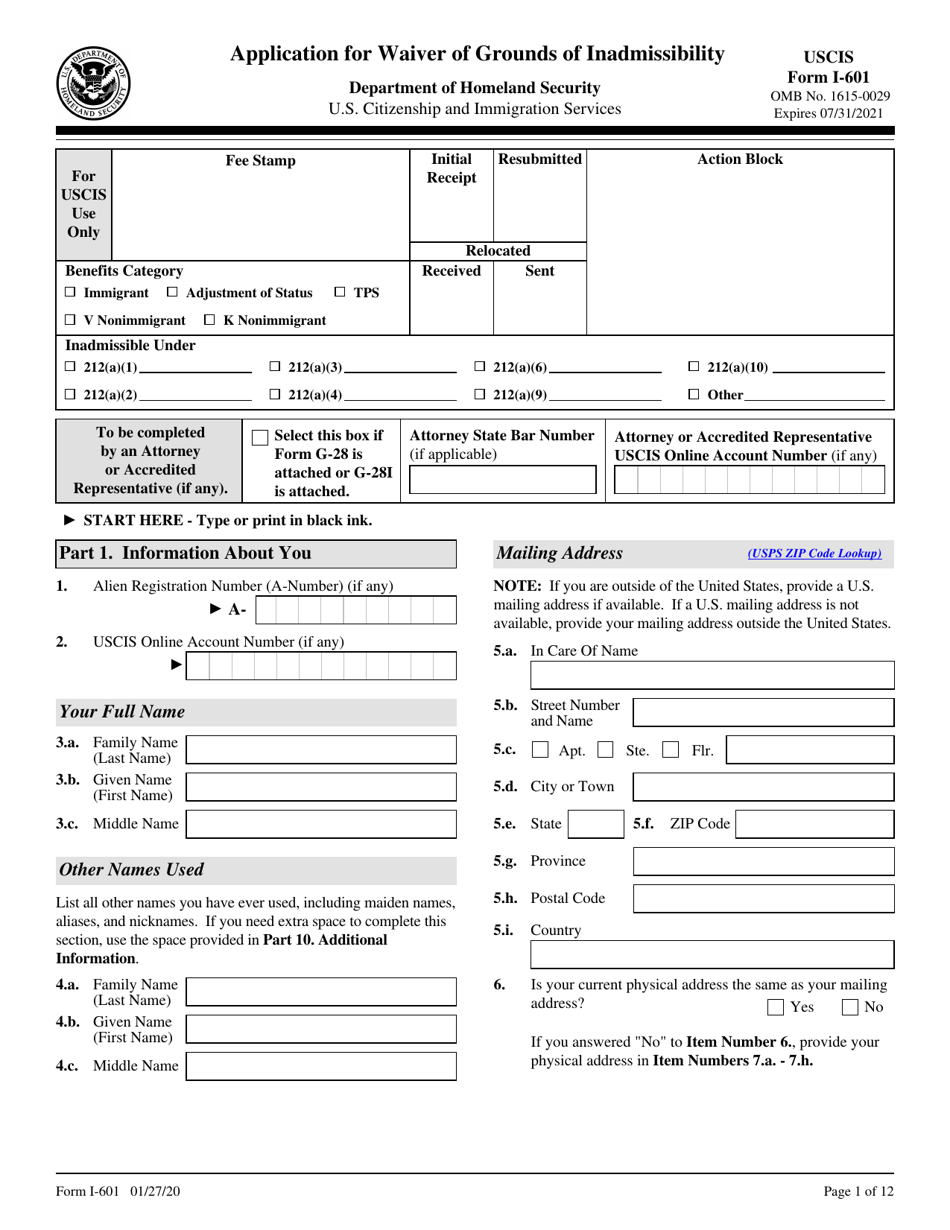 USCIS Form I-601 Application for Waiver of Grounds of Inadmissibility, Page 1