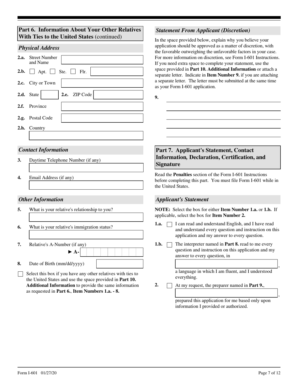 USCIS Form I-601 Application for Waiver of Grounds of Inadmissibility, Page 7