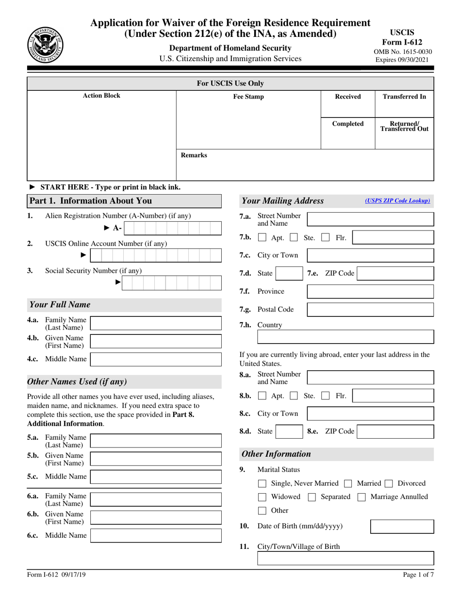 USCIS Form I-612 Application for Waiver of the Foreign Residence Requirement (Under Section 212(E) of the Immigration and Nationality Act, as Amended), Page 1