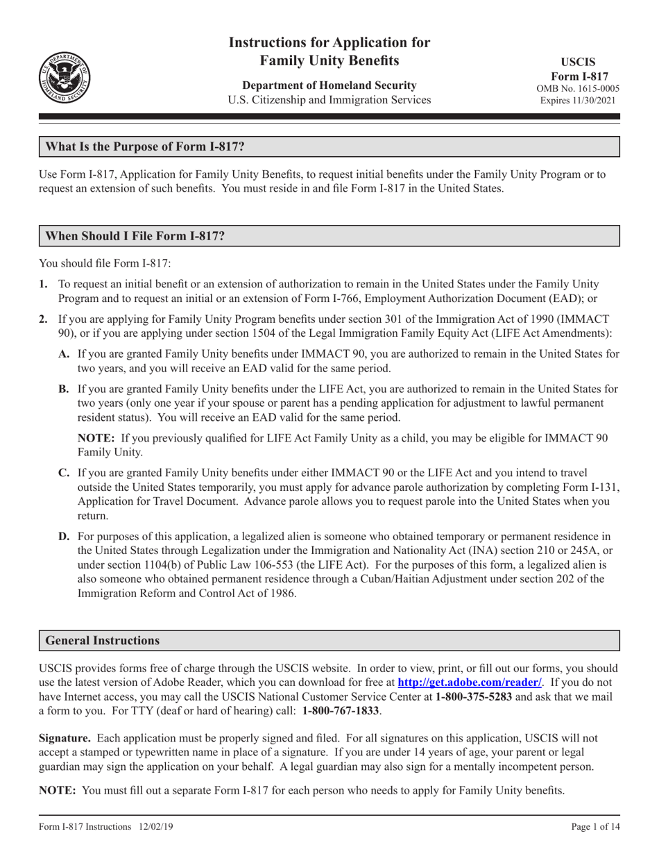 Instructions for USCIS Form I-817 Application for Family Unity Benefits, Page 1