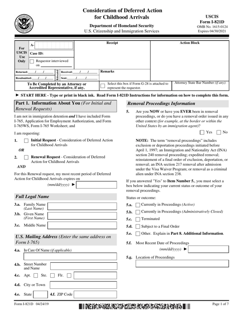 USCIS Form I-821D Download Fillable PDF or Fill Online Consideration of ...