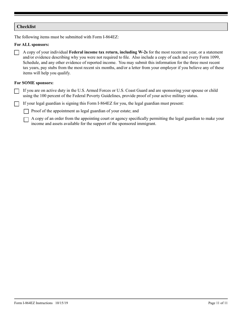 Instructions for USCIS Form I-864EZ Affidavit of Support Under Section 213a of the Ina, Page 11