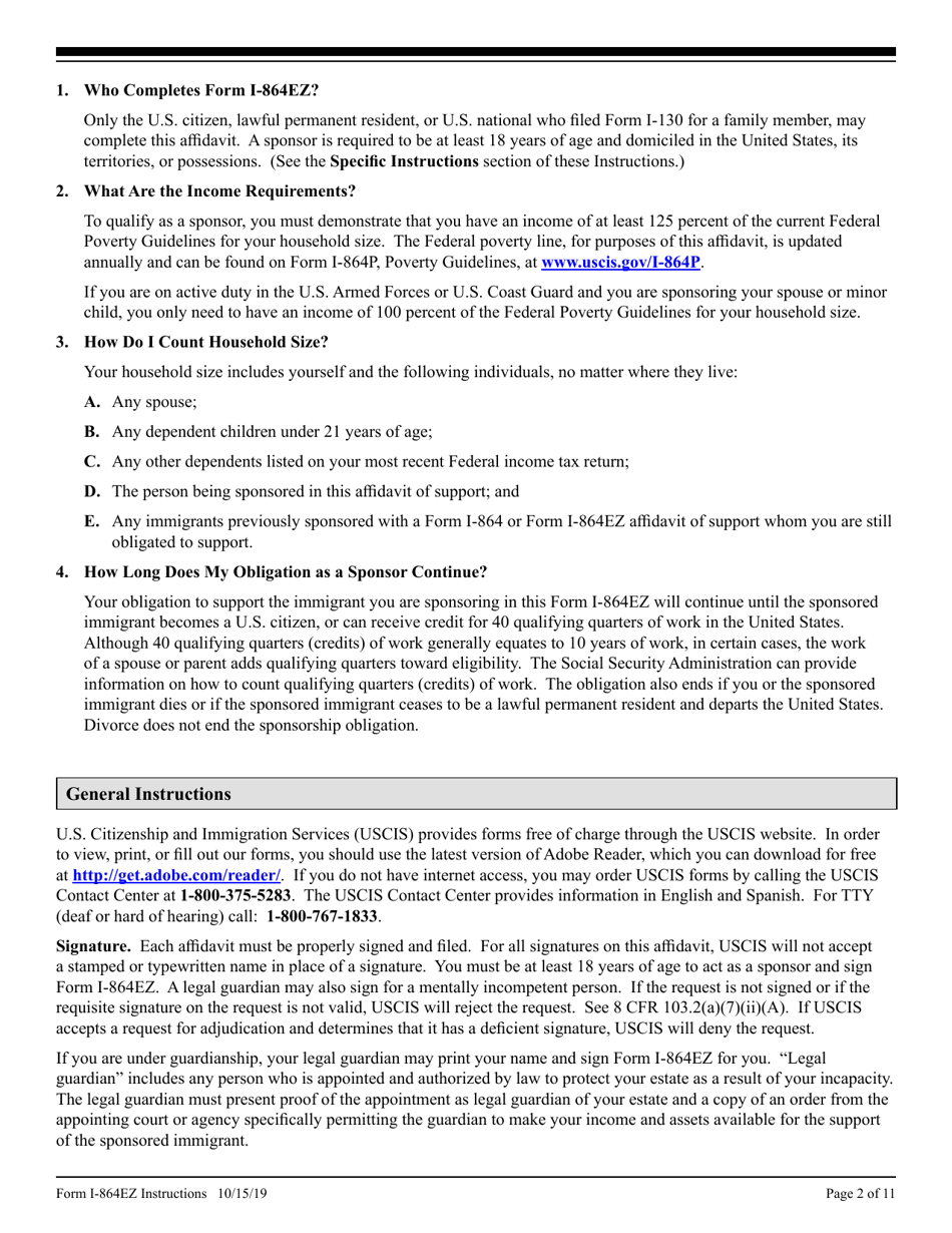 Instructions for USCIS Form I-864EZ Affidavit of Support Under Section 213a of the Ina, Page 2
