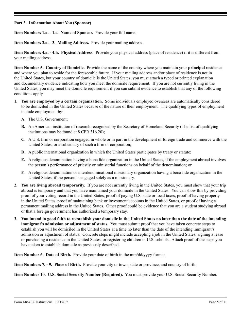 Instructions for USCIS Form I-864EZ Affidavit of Support Under Section 213a of the Ina, Page 5