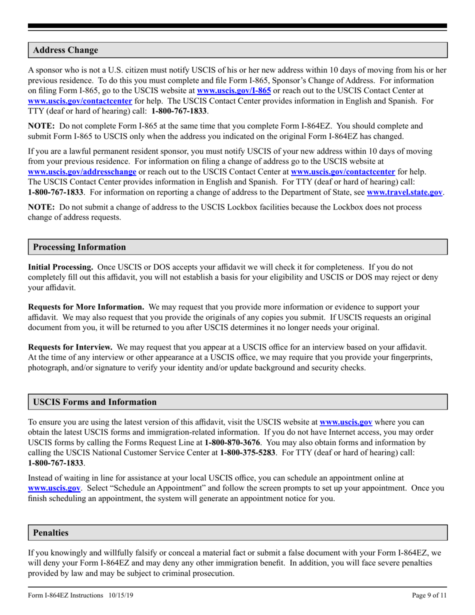 Instructions for USCIS Form I-864EZ Affidavit of Support Under Section 213a of the Ina, Page 9