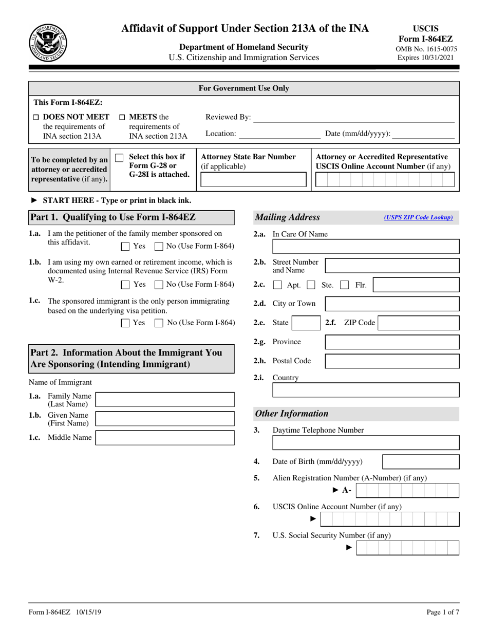 USCIS Form I-864EZ Affidavit of Support Under Section 213a of the Ina, Page 1