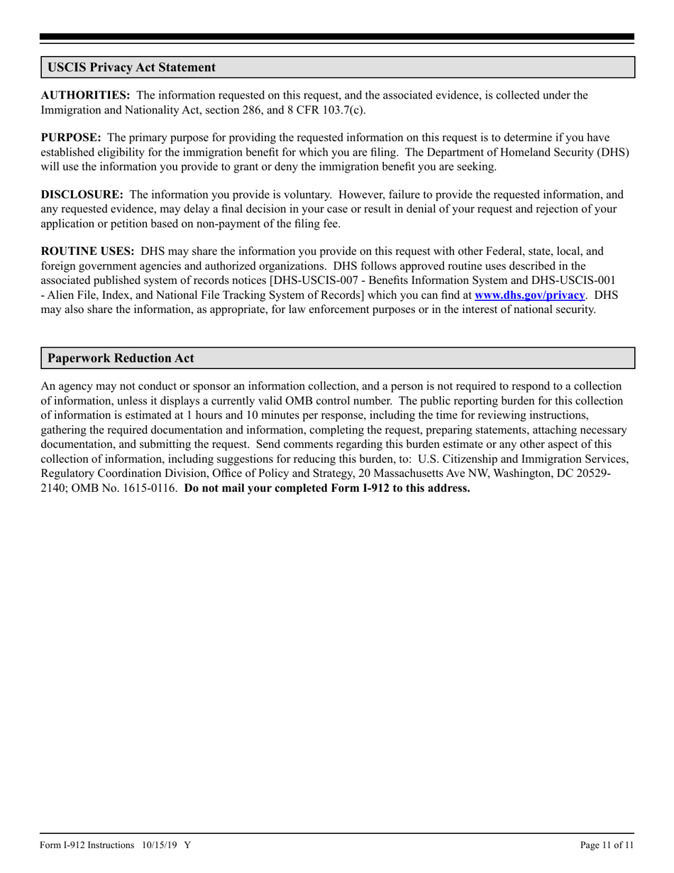 Instructions for USCIS Form I-912 Request for Fee Waiver, Page 11