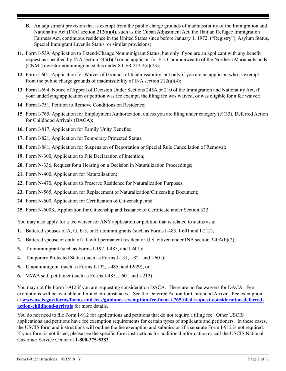 Instructions for USCIS Form I-912 Request for Fee Waiver, Page 2