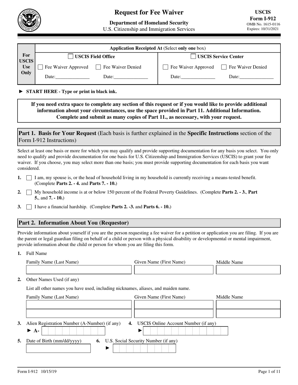 USCIS Form I-912 Request for Fee Waiver, Page 1