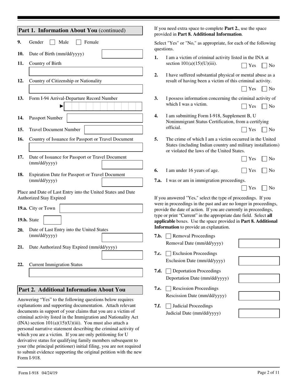 USCIS Form I-918 Petition for U Nonimmigrant Status, Page 2