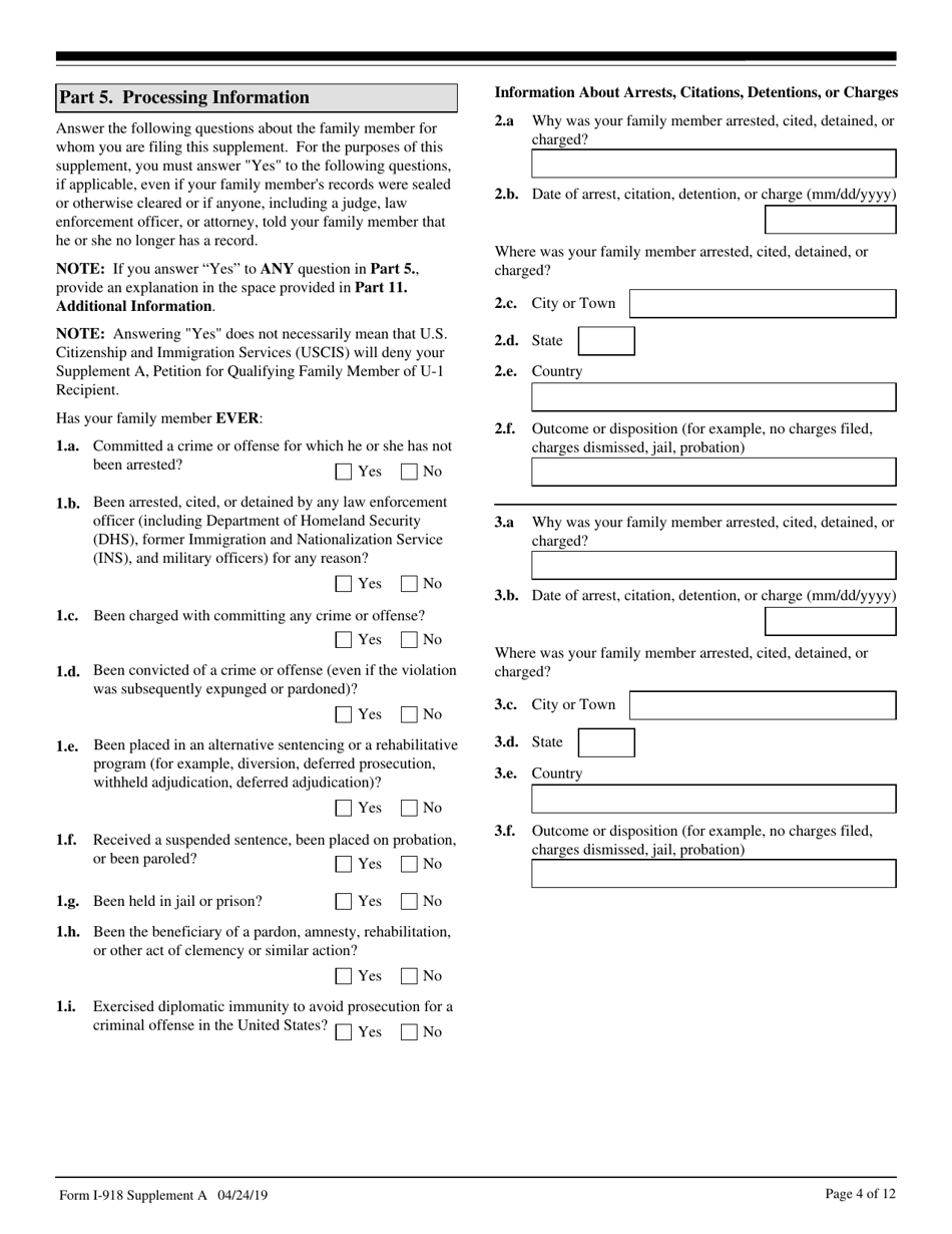 USCIS Form I-918 Supplement A Petition for Qualifying Family Member of U-1 Recipient, Page 4