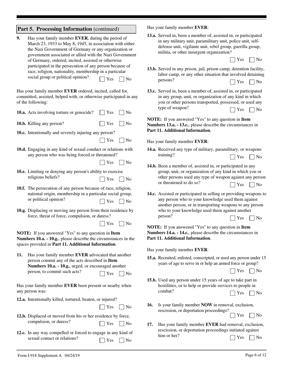 USCIS Form I-918 Supplement A Petition for Qualifying Family Member of U-1 Recipient, Page 6