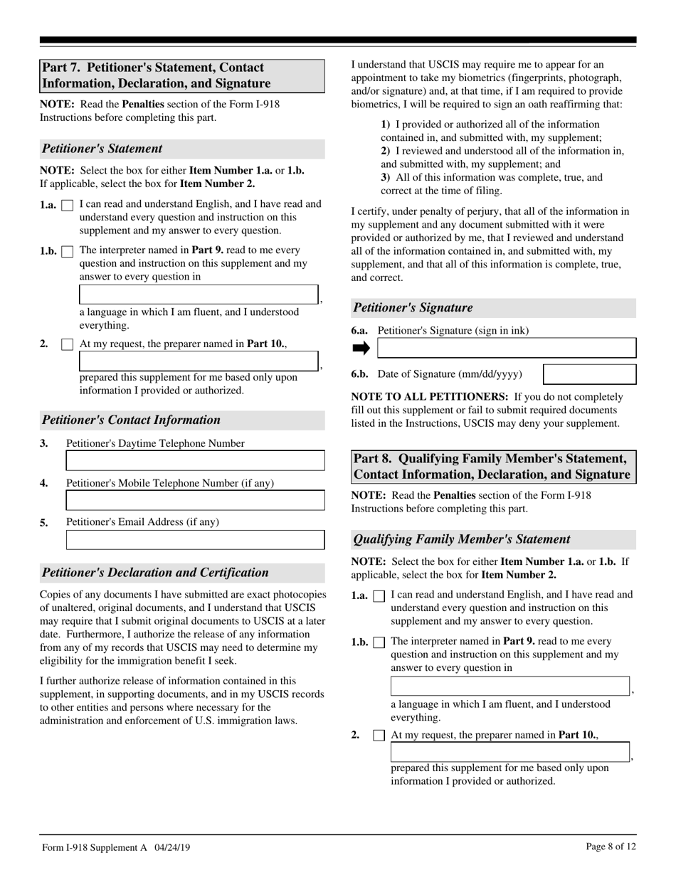 USCIS Form I-918 Supplement A - Fill Out, Sign Online And Download ...