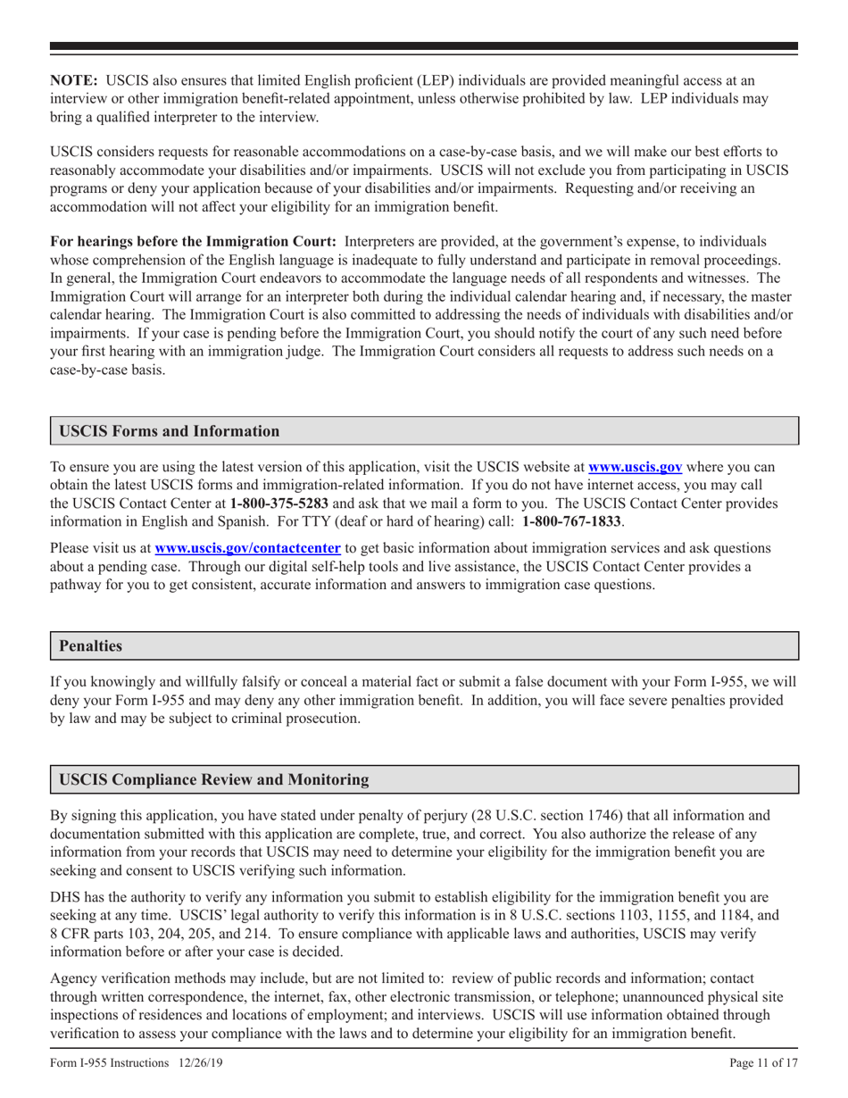 Instructions for USCIS Form I-955 Application for CNMI Long-Term Resident Status, Page 11