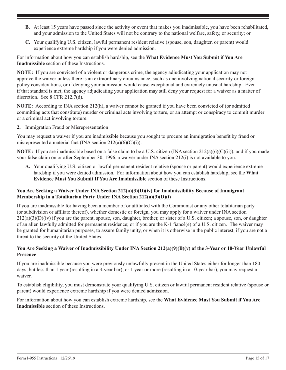 Instructions for USCIS Form I-955 Application for CNMI Long-Term Resident Status, Page 15