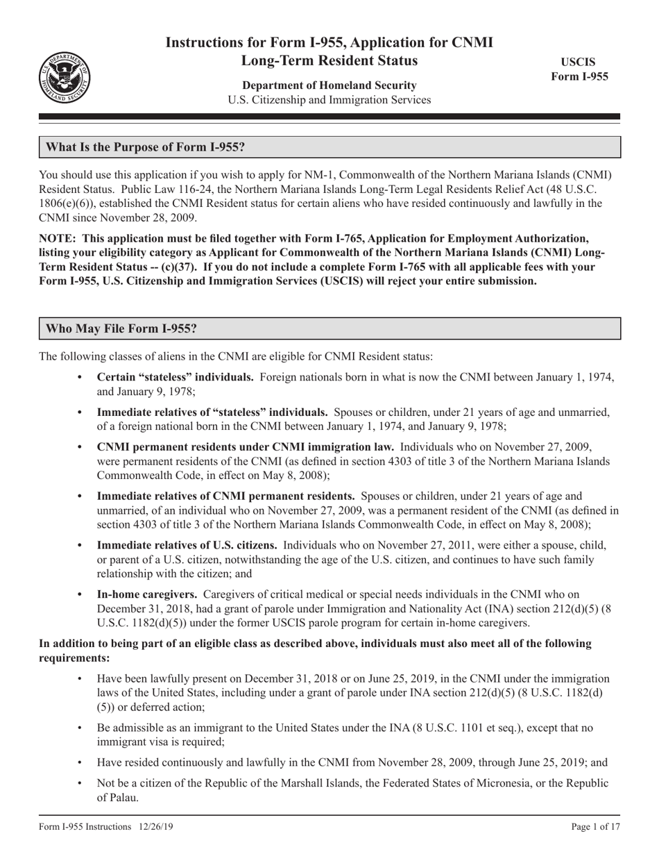 Instructions for USCIS Form I-955 Application for CNMI Long-Term Resident Status, Page 1