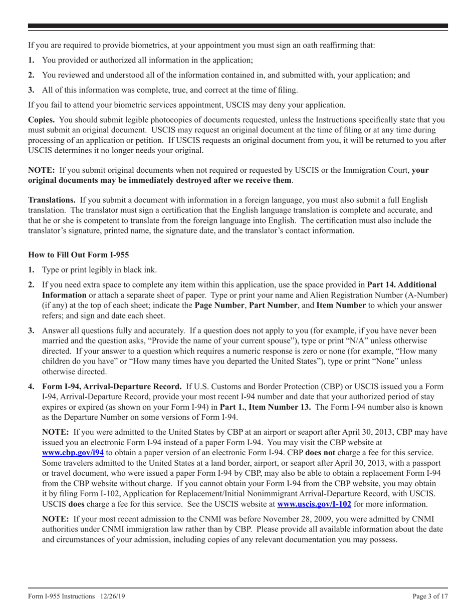 Instructions for USCIS Form I-955 Application for CNMI Long-Term Resident Status, Page 3