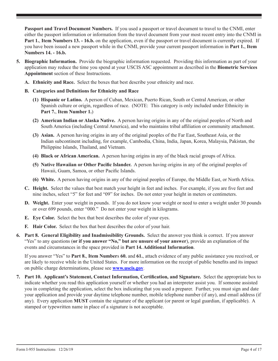 Instructions for USCIS Form I-955 Application for CNMI Long-Term Resident Status, Page 4