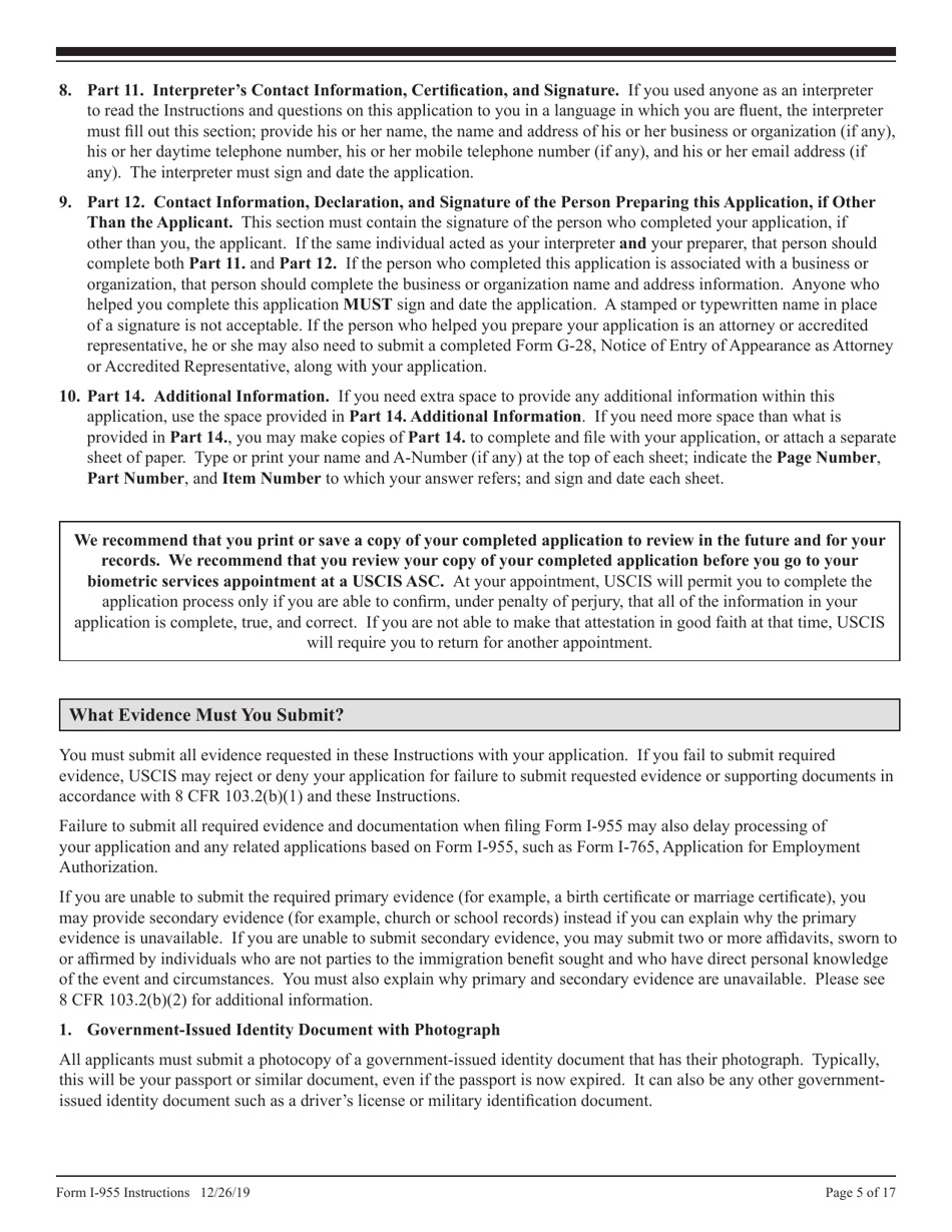 Instructions for USCIS Form I-955 Application for CNMI Long-Term Resident Status, Page 5