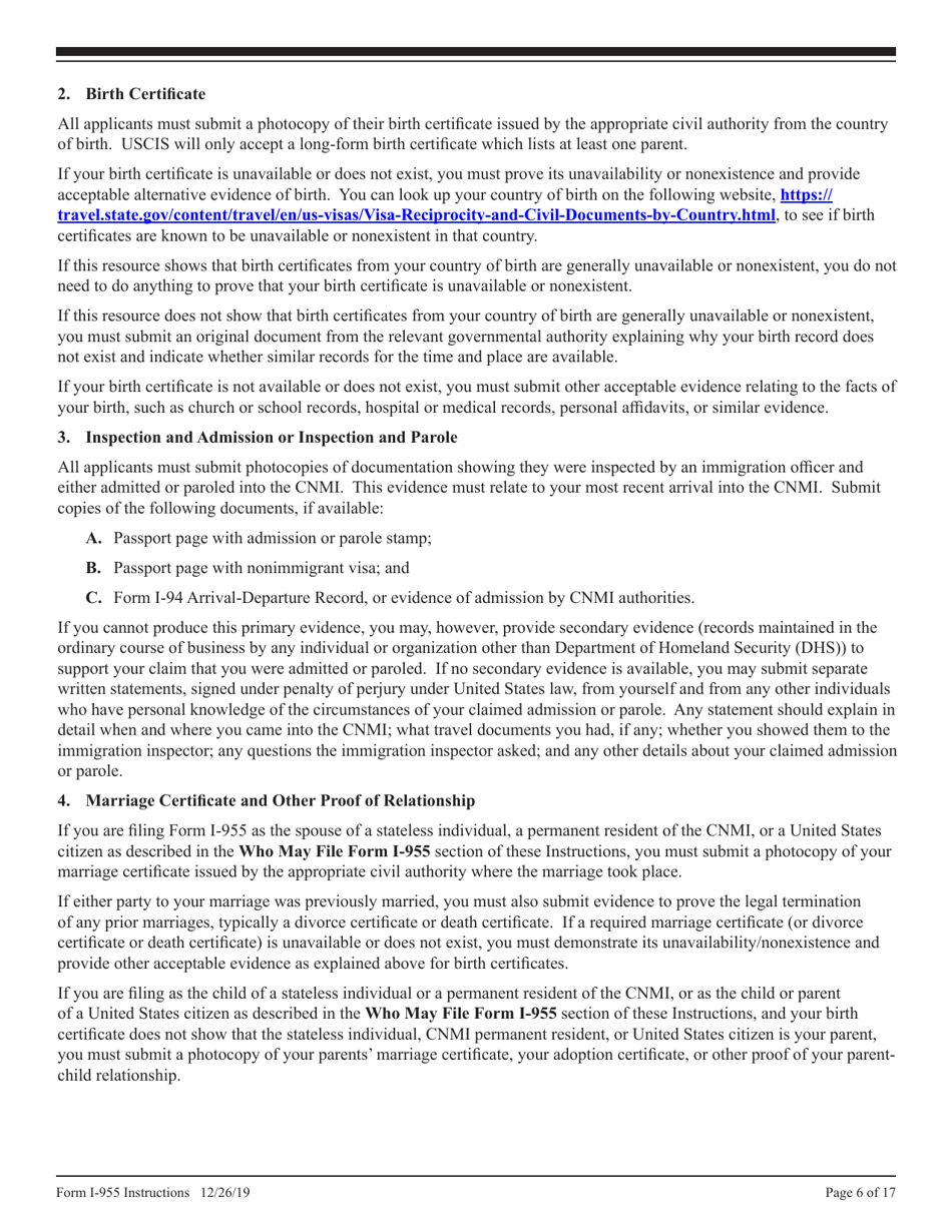 Instructions for USCIS Form I-955 Application for CNMI Long-Term Resident Status, Page 6