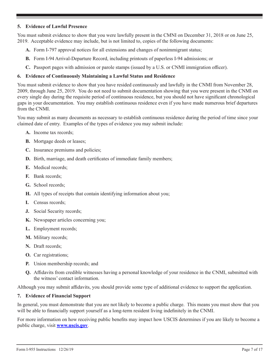 Instructions for USCIS Form I-955 Application for CNMI Long-Term Resident Status, Page 7