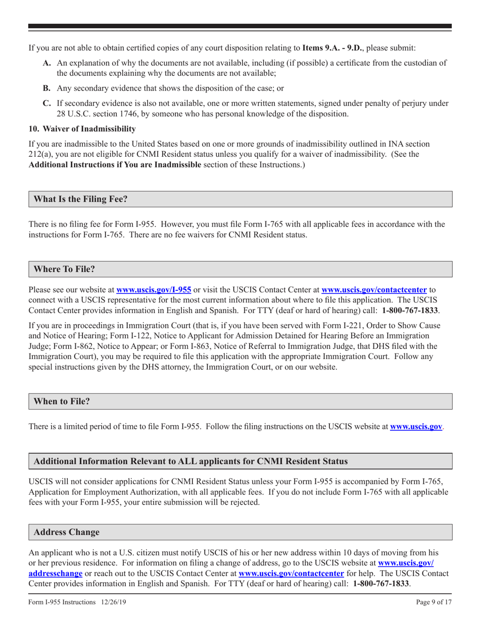 Instructions for USCIS Form I-955 Application for CNMI Long-Term Resident Status, Page 9