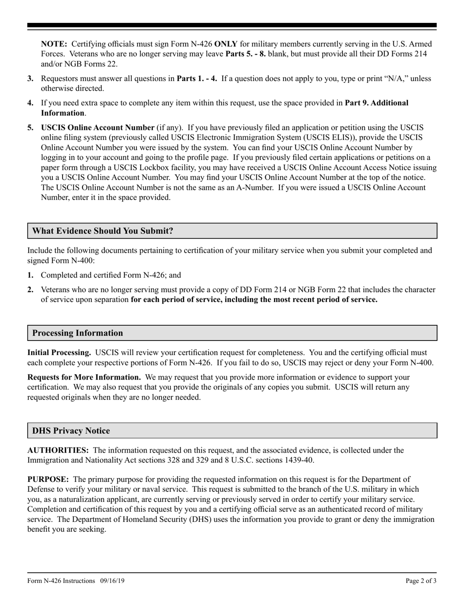 Instructions for USCIS Form N-426 Request for Certification of Military or Naval Service, Page 2