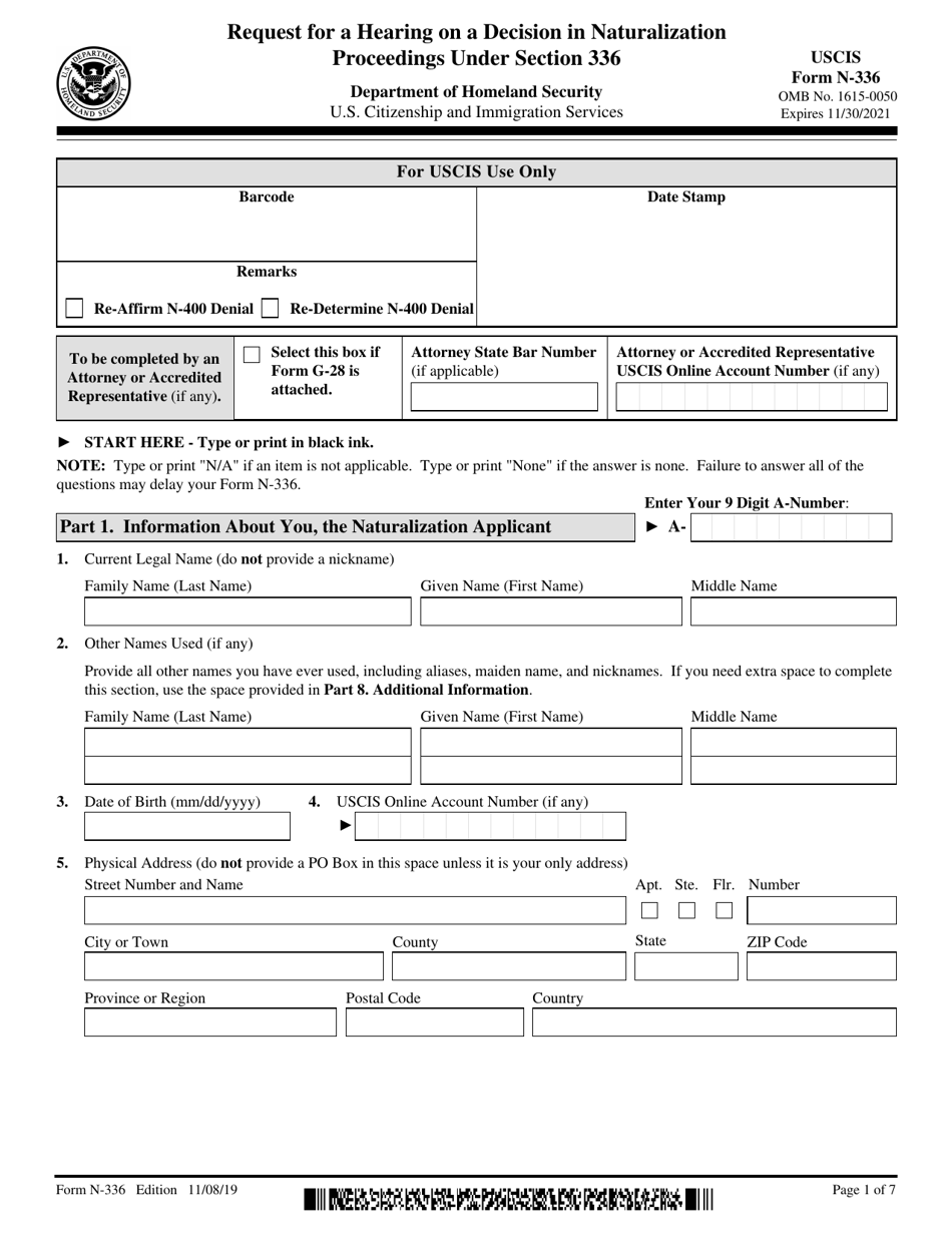 USCIS Form N-336 Request for a Hearing on a Decision in Naturalization Proceedings Under Section 336, Page 1