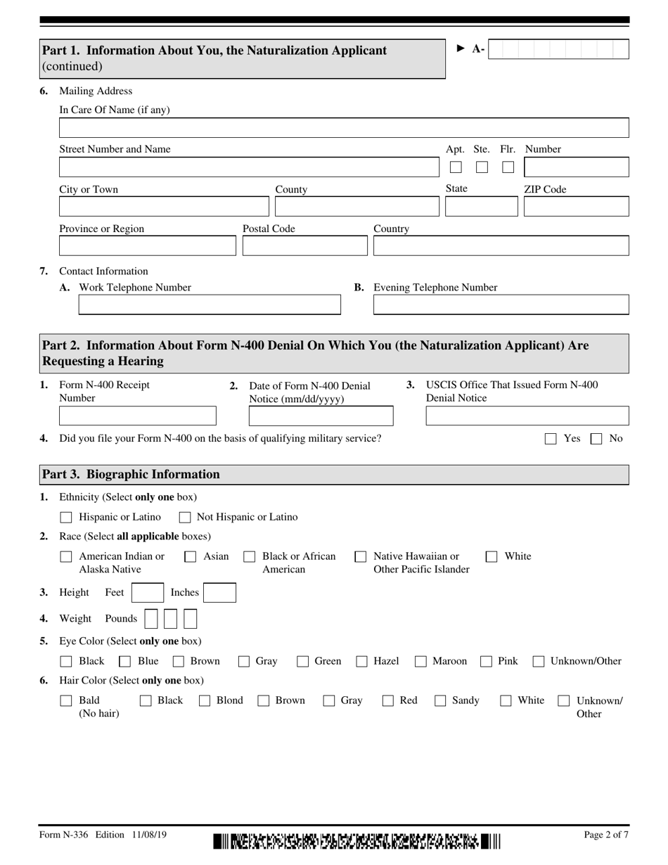 USCIS Form N-336 Request for a Hearing on a Decision in Naturalization Proceedings Under Section 336, Page 2