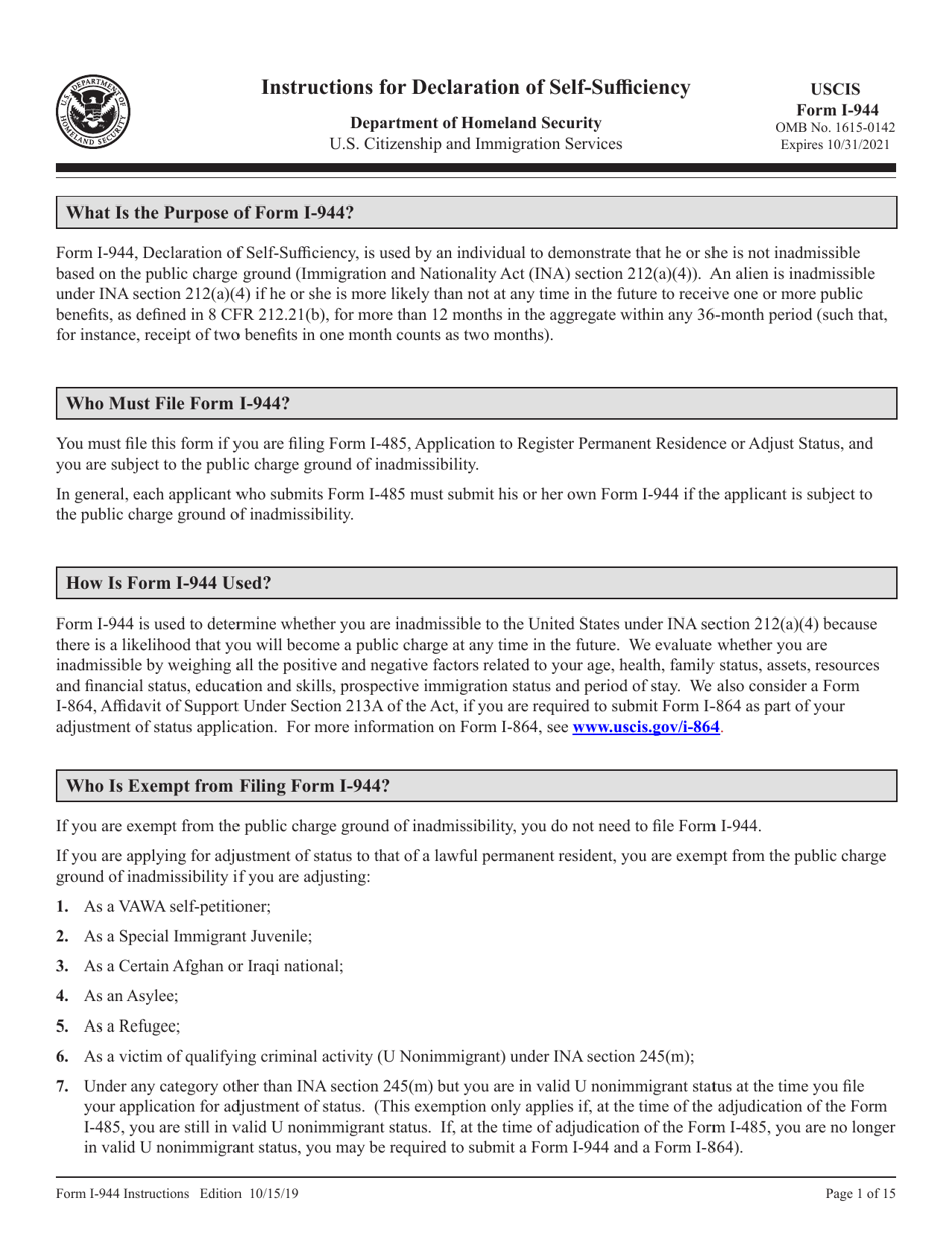 Instructions for USCIS Form I-944 Declaration of Self-sufficiency, Page 1