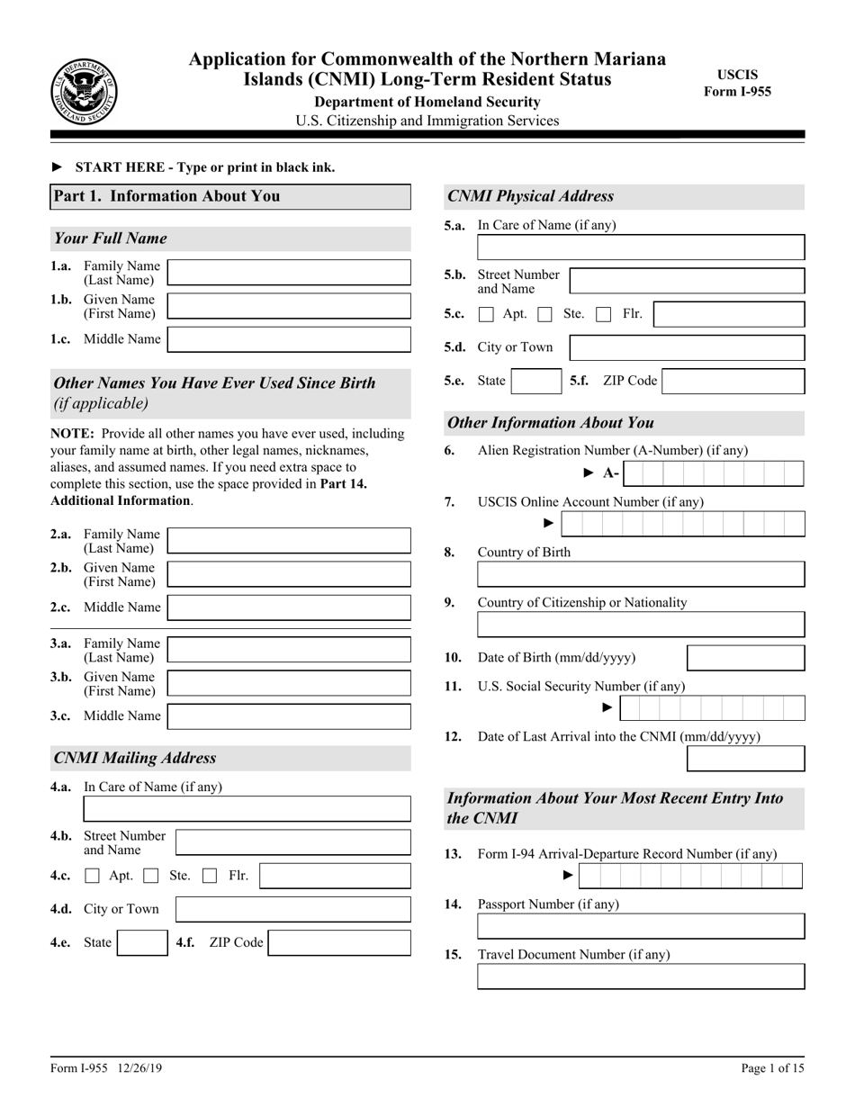 USCIS Form I-955 Application for Commonwealth of the Northern Mariana Islands (CNMI) Long-Term Resident Status, Page 1
