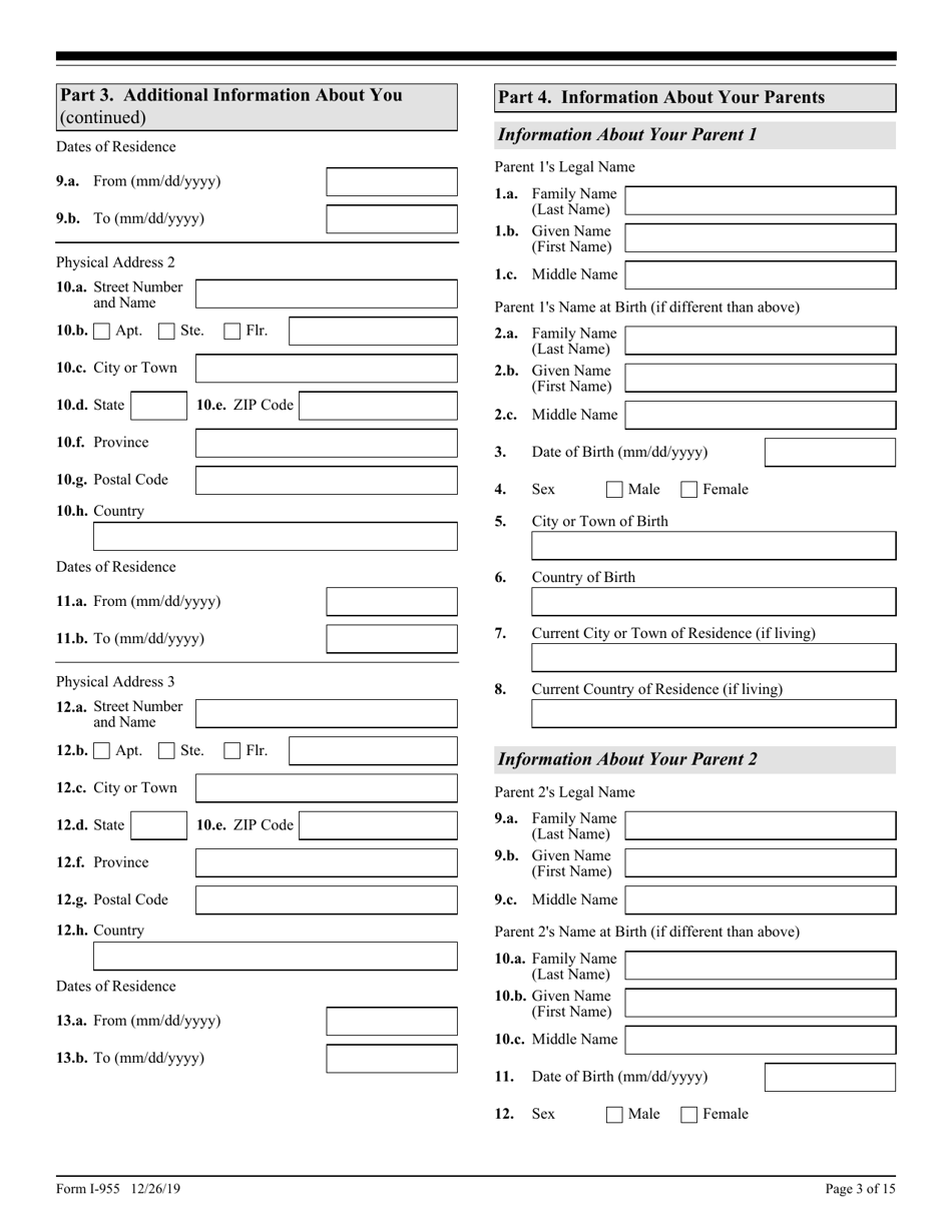 USCIS Form I-955 Application for Commonwealth of the Northern Mariana Islands (CNMI) Long-Term Resident Status, Page 3