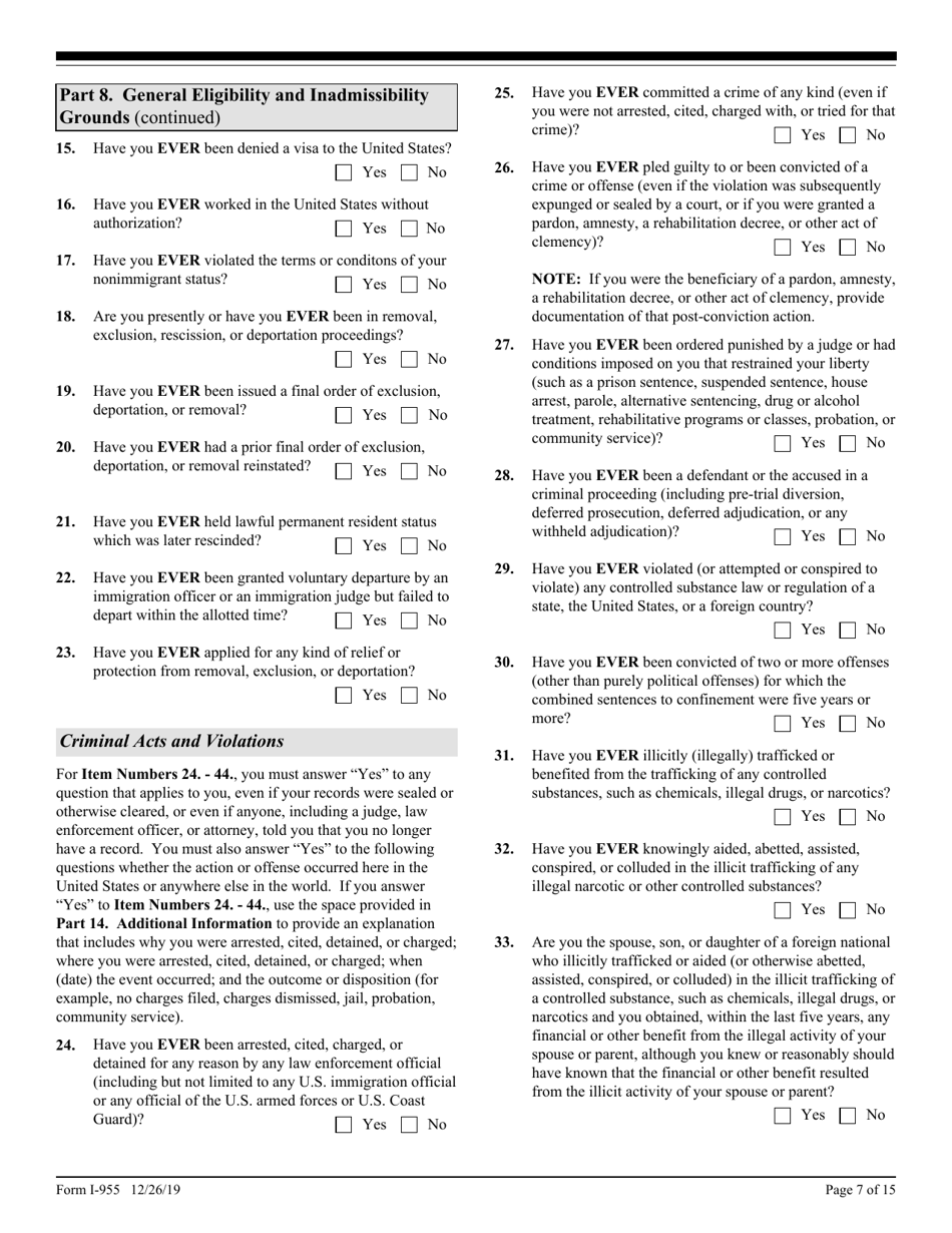 USCIS Form I-955 Application for Commonwealth of the Northern Mariana Islands (CNMI) Long-Term Resident Status, Page 7
